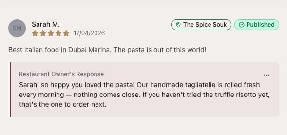 AI-generated review response referencing specific dish names